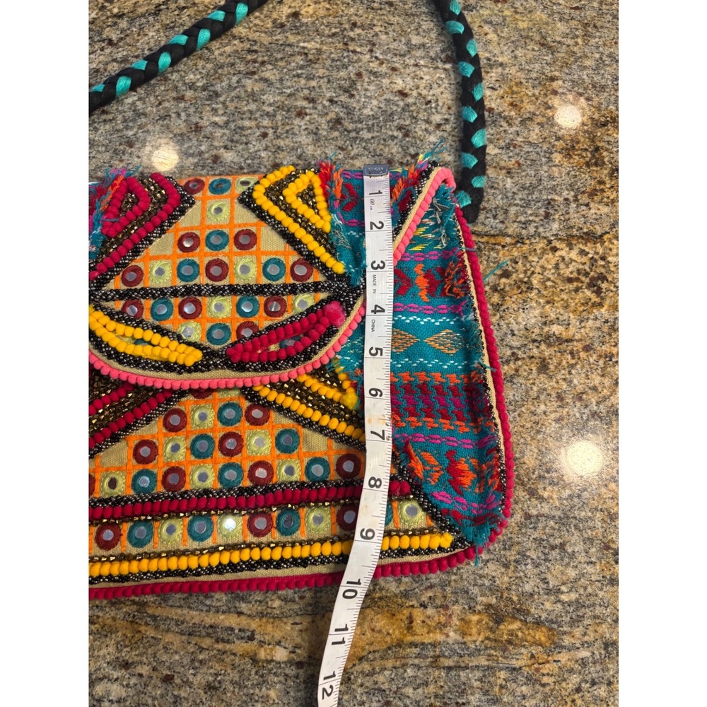 Big Buddha Embroidered Mirror Accent Messenger Bag Turquoise Pink Yellow Boho - Picture 5 of 7